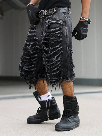 Men's Gothic Vintage Aesthetic Black Washed Ripped Denim Shorts, Summer Trendy Loose Raw Edge Fringed Five-Point Pants