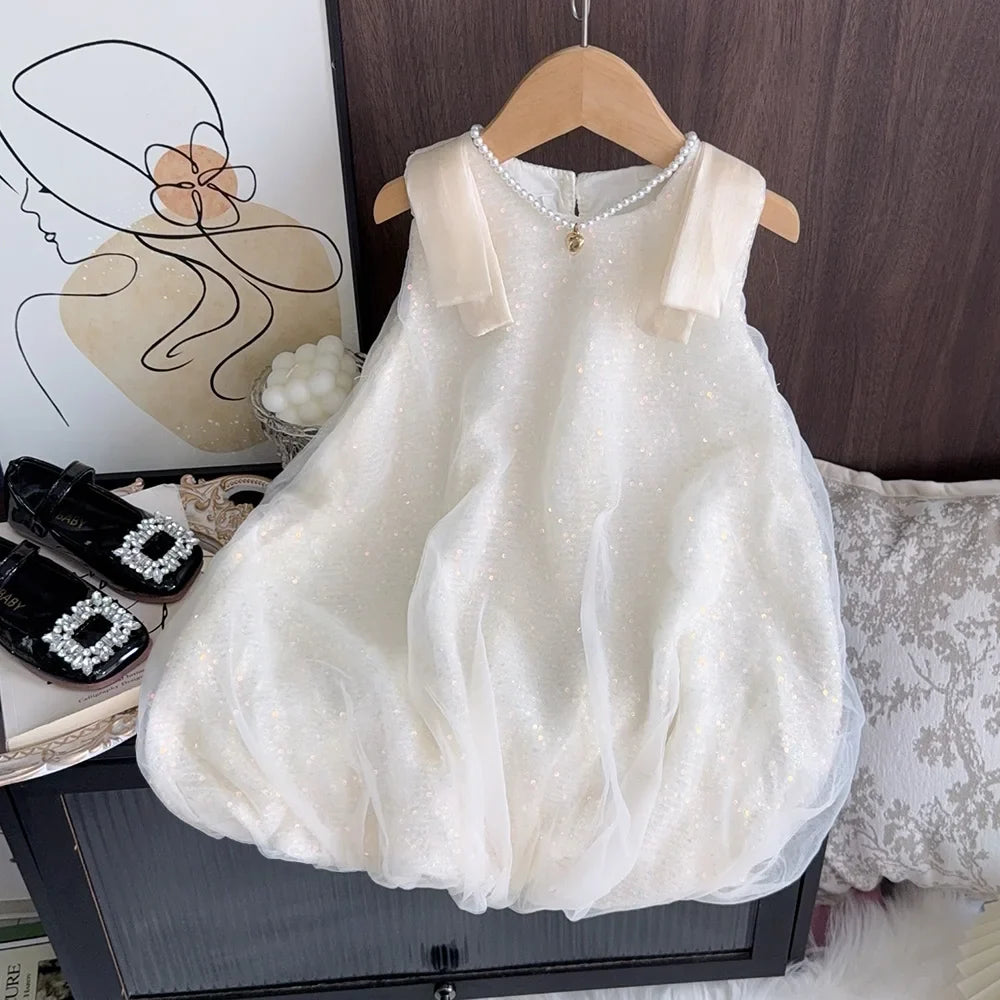 Summer New Girls' Sequined Lace Bow Bubble Princess Dress Korean Version Fashionable Solid Color Kids Clothes 2-7 Years Old