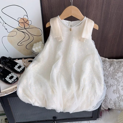Summer New Girls' Sequined Lace Bow Bubble Princess Dress Korean Version Fashionable Solid Color Kids Clothes 2-7 Years Old