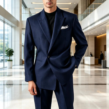 Men's Serge Tuxedo Suit Set One Button Peak Lapel Slim Fit 2 Piece Blazer Pants Casual Business Wedding Formal Outfit