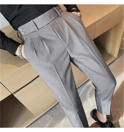 British Style Twill Pleat Design Naples High Waist Casual Trousers Fashion Man Slim Simple Social Party Suit Pant Plus Size 38