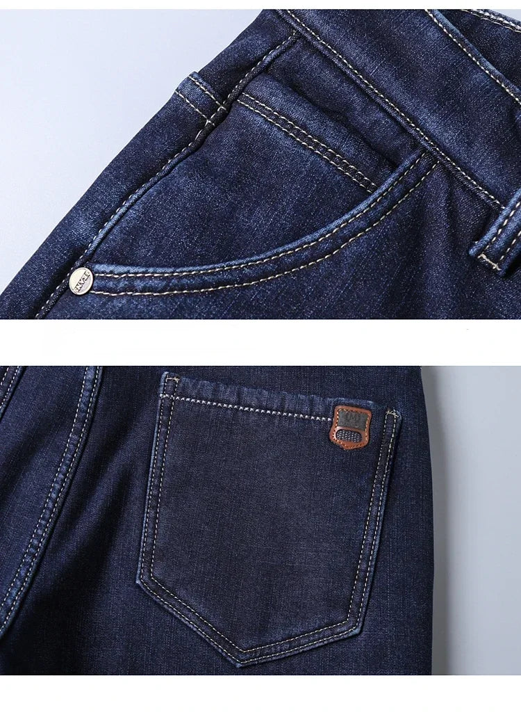 Winter Men's Fleece Thick Sherpa Jeans Business Casual Velvet Straight Denim Pants Male Wool Plush Classic Stretch Trousers
