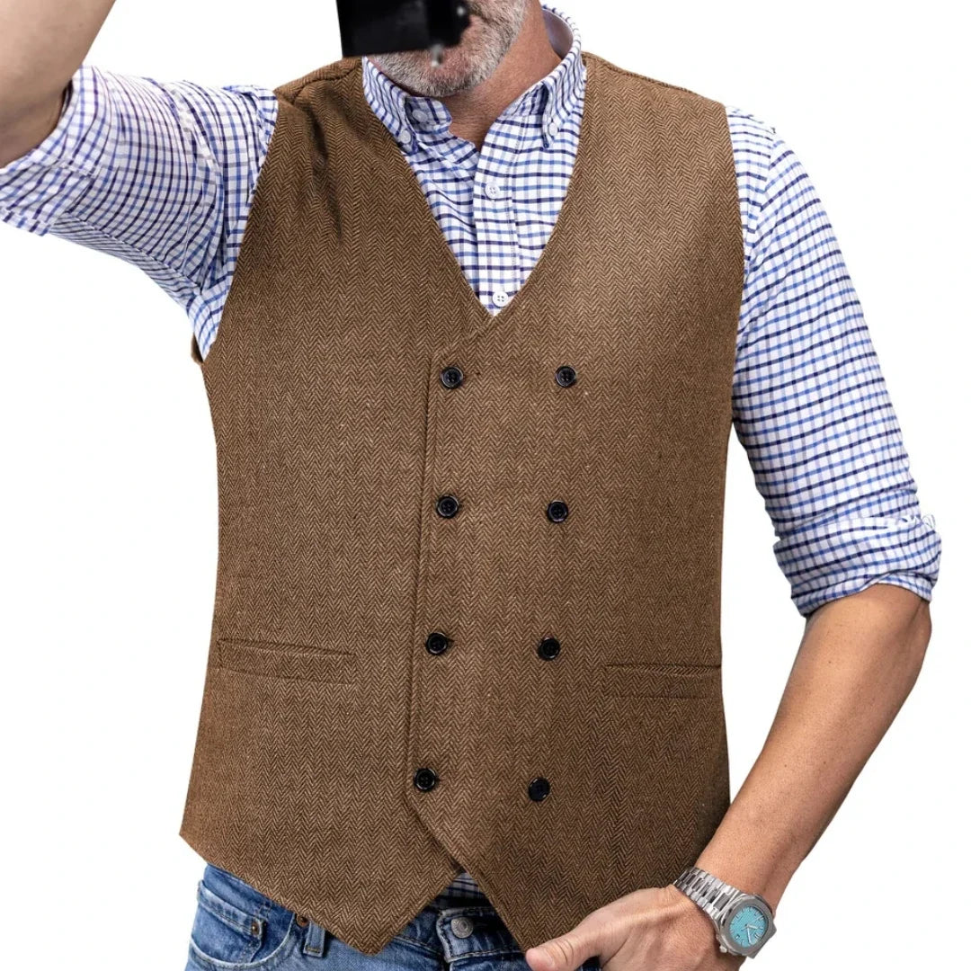 Men Vest Brown Herringbone Double Button Waistcoat For Wedding Birthday Banquet Party Business Office Work Men Suit Vest