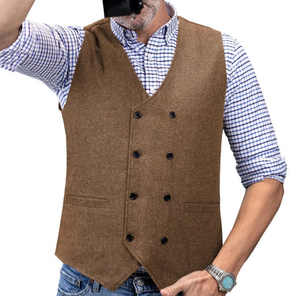 Men Vest Brown Herringbone Double Button Waistcoat For Wedding Birthday Banquet Party Business Office Work Men Suit Vest