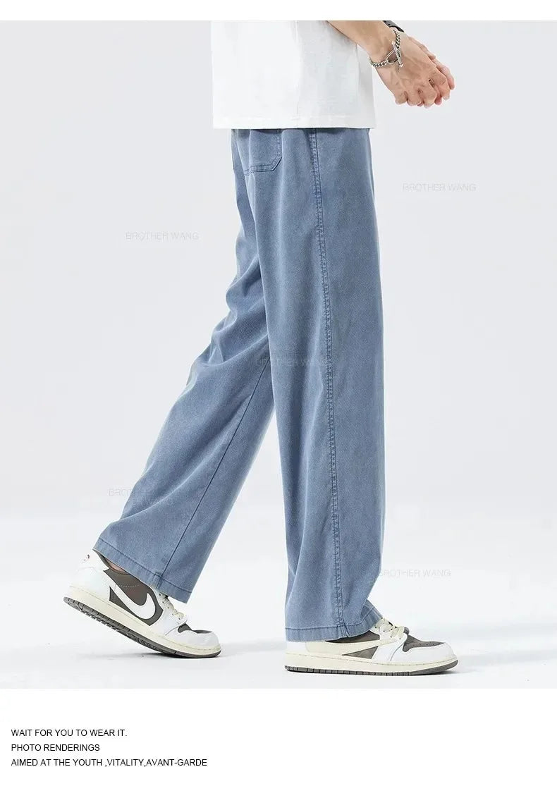 Ultra Thin Baggy Jeans Men's Summer New in Lyocell Soft Breathable Straight Trousers Elastic Waist Casual Blue Gray Wide Pants