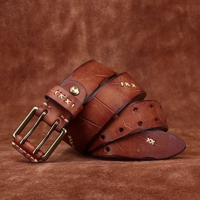 3.8CM Retro Real Genuine Leather Belt Brass Buckle Luxury Designer Belts Men Pure Cowskin Strap Male Cowboy Jeans Belt for Man