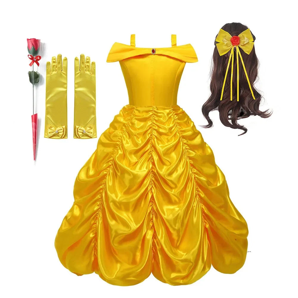 Off Shoulder Yellow Princess Dress for Kids Girl Belle Role Playing Clothing Fancy Carnival Party Birthday Ball Gowns Halloween