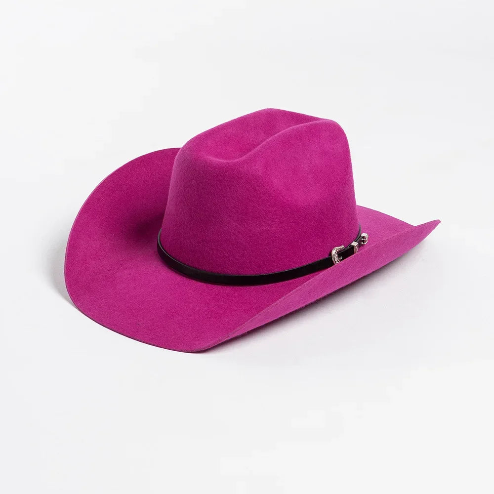 New Autumn Winter Women Fedoras with Belt Buckle Wide Brim Rolled Wool Cowboy Hat M L Size Obtainable