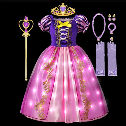 LED Light Purim Candy Dress Girls Rapunzell Princess Dress Costume Toddler Halloween Christmas Cosplay Dress Clothes for Kids