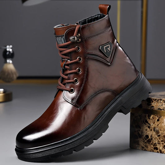 British Style Mens Winter Platform Snow Boots Fashion Genuine Leather Outdoor Antiskid Walking Ankle Boots Mens High Top Boots