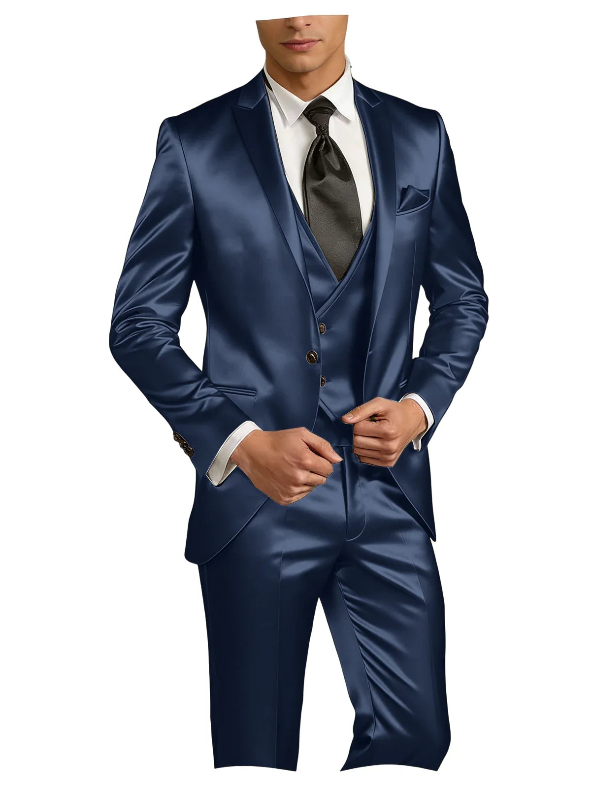 Luxury Men's Satin Suit 3 Piece Set Notch Lapel Slim Fit 1 Button Blazer Vest Pants for Formal Groom Groomsmen Prom Party