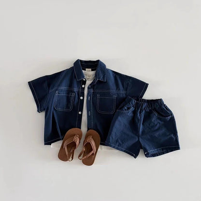 TZ2614 Korean Style Summer New Children's Clothing Set Boy Girl Soft Denim Shirt with Stitching Trendy Outfit for Kids