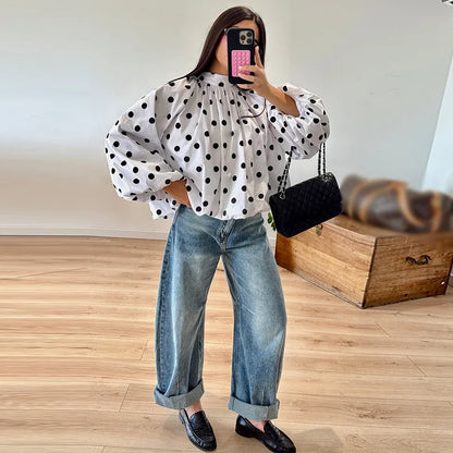 Elegant Women's Polka Dot Backless Bow Lace Up Blouses Loose Pleated Turtleneck Lantern Sleeve Shirts 2026 Spring Casual Tops