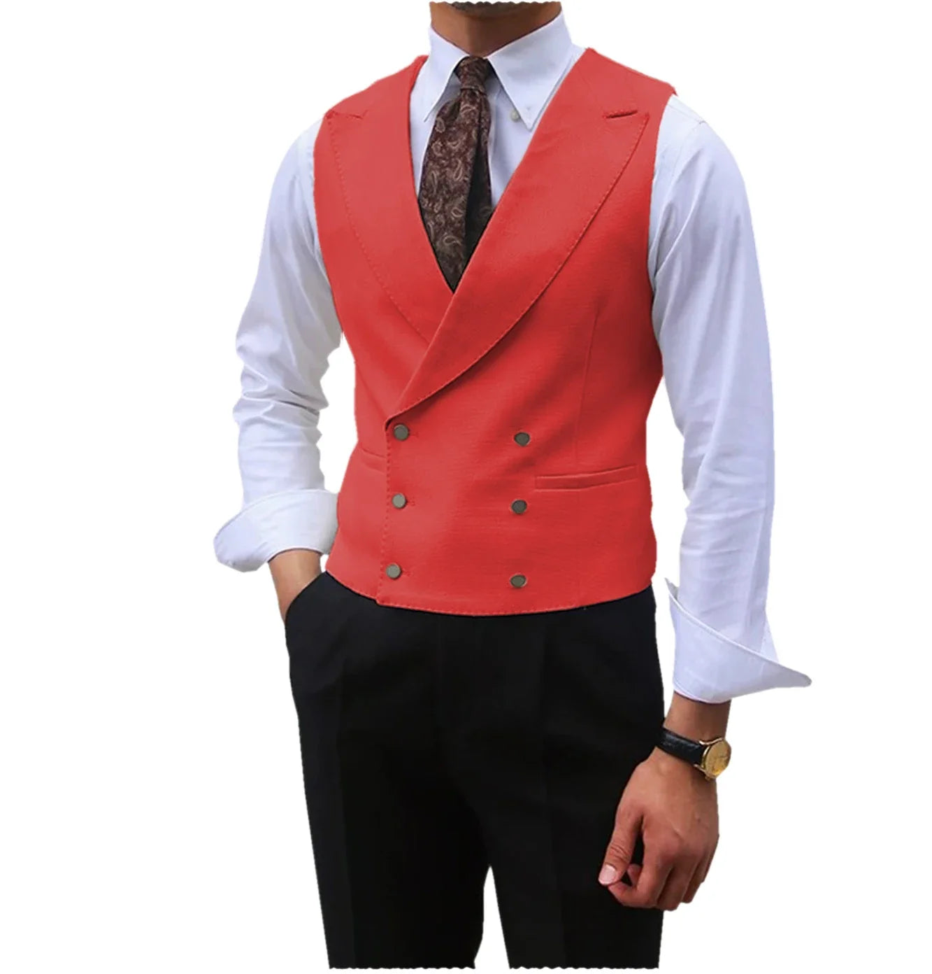Men Vest Brown Solid Peaked Lapel Double Breasted Sleeveless Jacket Wedding Banquet Business Casual Slim Waistcoat