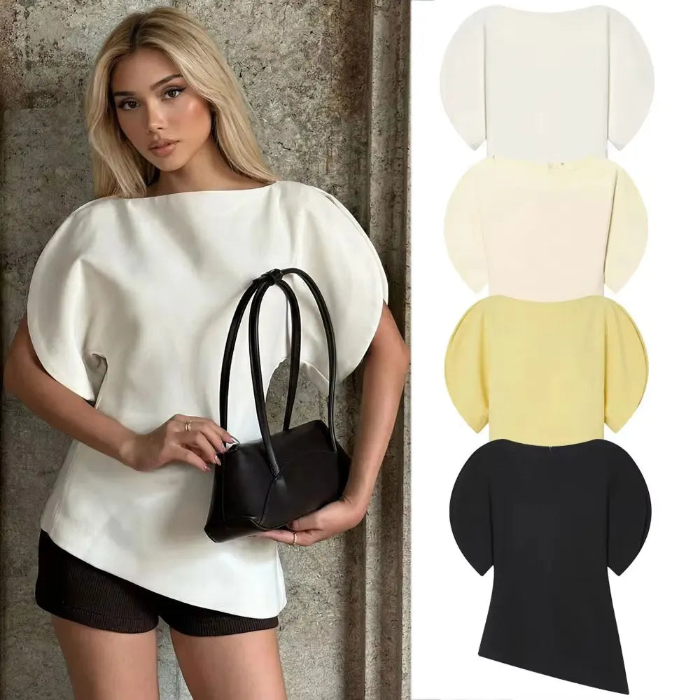 Women Casual Loose T-Shirts Asymmetrical Hem Blouse Short Puff Sleeve Shirt Elegant Woman Summer Party Vacation White Tops