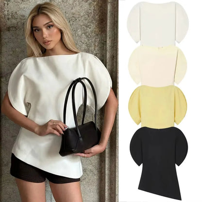 Women Casual Loose T-Shirts Asymmetrical Hem Blouse Short Puff Sleeve Shirt Elegant Woman Summer Party Vacation White Tops