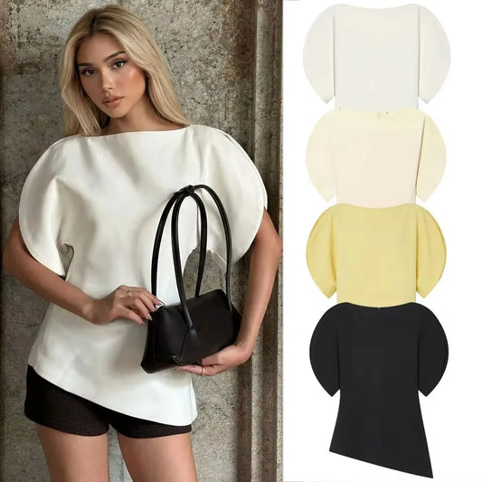 Women Casual Loose T-Shirts Asymmetrical Hem Blouse Short Puff Sleeve Shirt Elegant Woman Summer Party Vacation White Tops
