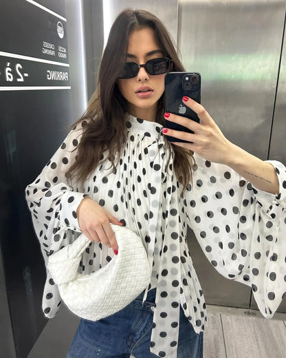 Elegant Retro Polka Dot Lace Up Shirt Women Long Lantern Sleeve Hollow-out Translucent Loose Blouse 2026 Lady Daily Commute Top