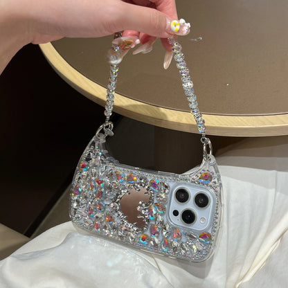Luxury Bling Rhinestone Hand Bag with Mirror For iphone 17 pro max case 11 12 13 14 15 16 Pro Max Plus Phone Cases For 16 Pro