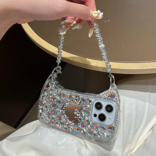 Luxury Bling Rhinestone Hand Bag with Mirror For iphone 17 pro max case 11 12 13 14 15 16 Pro Max Plus Phone Cases For 16 Pro