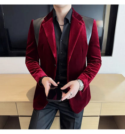 Autumn Winter New Men Mercerized Velvet Slim Fit Suit Coats Fashion Leather Splicing Casual Business Formal Party Tailcoat 4XL-M
