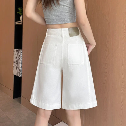 Women's 2026 Summer White Five-Point Denim Shorts Korean Y2K High Waist Loose Slimming Stretch Straight Leg Jeans