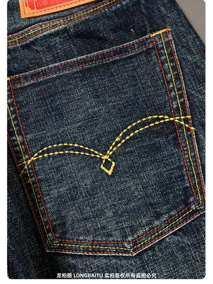 High Quality 100% Cotton Washed Yellow Selvedge Denim Jeans for Men American Vintage Casual Spring Autumn Loose Straight Pants