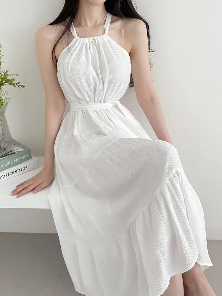 Korean Style Summer Slimming Necktie Waist Cinched Sleeveless Vest Long Dress Women's Fashionable Commute Style Inner Wear