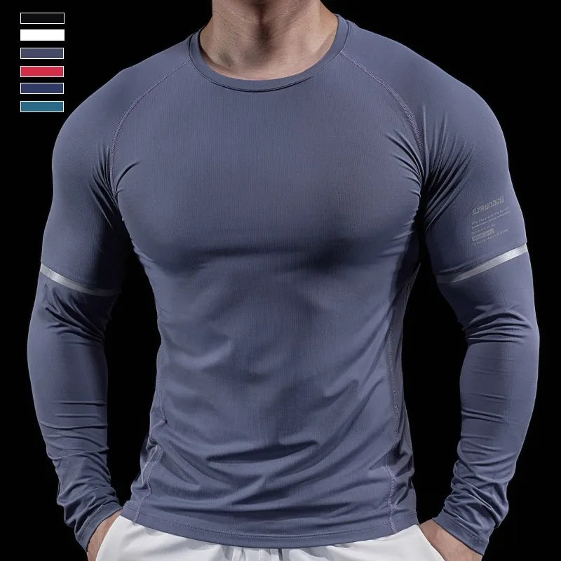 Autumn New Men's Sports Gym Fitness Clothes Reflective Strips Round Neck Training Long-sleeved T-shirt Running Slim Breathable