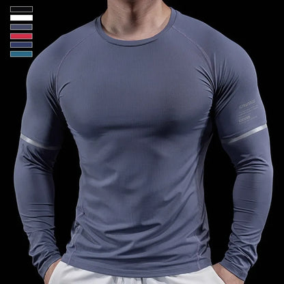 Autumn New Men's Sports Gym Fitness Clothes Reflective Strips Round Neck Training Long-sleeved T-shirt Running Slim Breathable