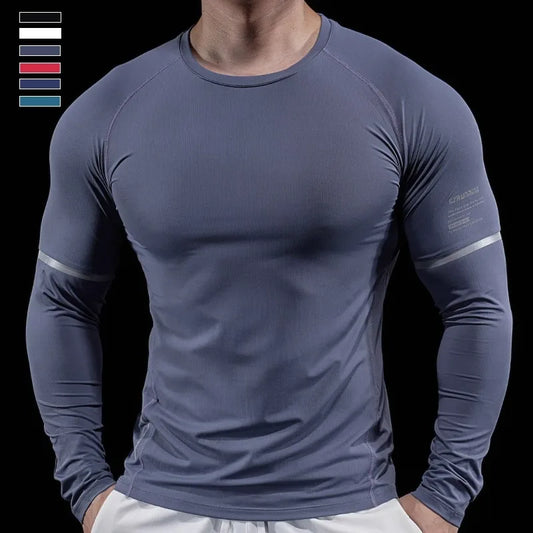 Autumn New Men's Sports Gym Fitness Clothes Reflective Strips Round Neck Training Long-sleeved T-shirt Running Slim Breathable