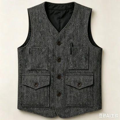 Men Vest Brown Herringbone Single Button With Pocket Waistcoat For Wedding Party Business Work Office Daily Casual Men Suit Vest