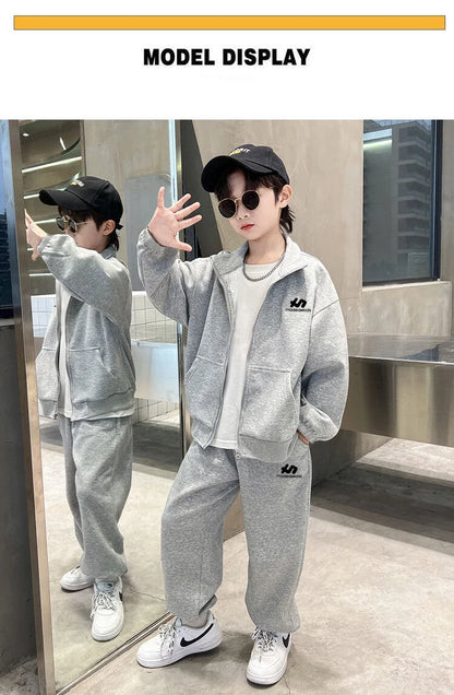 Boys Cotton Turtleneck Full Zip Sweatshirt Jacket+Sweatpant Workout Set School Kids 2PCS Tracksuit Children Jogger Outfit 5-16Yr