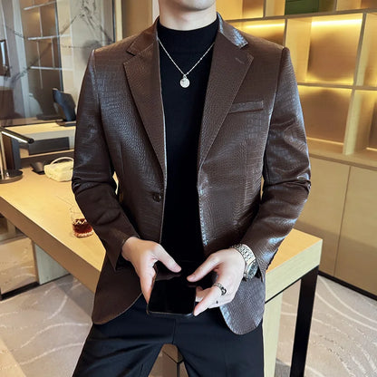 New High Quality Crocodile Stripe Slim Fit Leather Jacket Classic Business Casual Slim Fit Men Blazer Tuxedos Men Clothing 4XL-M