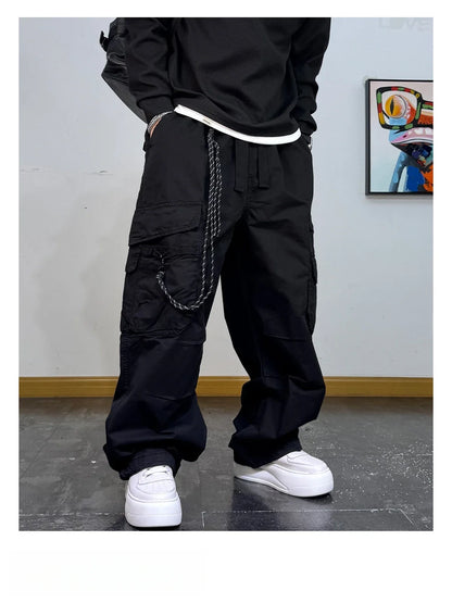 American Premium Cargo Pants Mens Pleated Baggy Multi Pocket Streetwear Oversized Straight Leg Casual Spring Fall Trendy Male