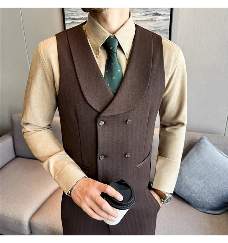 ( Vest+Pants) Autumn Winter Thicken Wool Striped Suit Vest 2 pieces Men Fashion Slim Fit Business Casual Wedding Dress Vest Sets