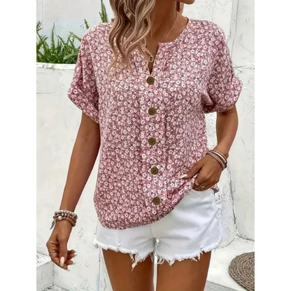 Plus Size Women's Shirts 2025 Spring Summer New Fashion Casual Floral Printing V-Neck Short Sleeve Blouses Korean Style Clothing