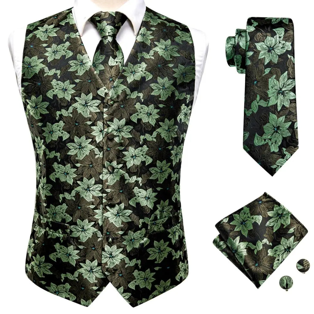 Silk Mens Vests Sleeveless Waist Jacket Jacquard Black Orange Floral Waistcoat Tie Hanky Cufflinks Set for Men Casual XXL