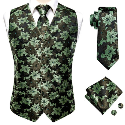 Silk Mens Vests Sleeveless Waist Jacket Jacquard Black Orange Floral Waistcoat Tie Hanky Cufflinks Set for Men Casual XXL