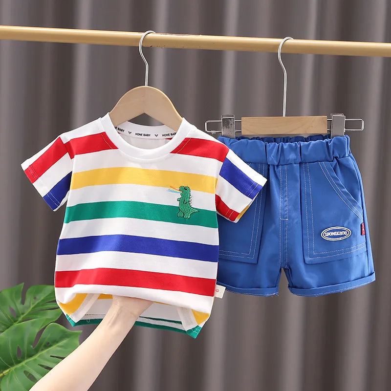 Summer Baby Boys Clothes Set Children Striped Cartoon T-Shirt Pants Bag 3Pcs/Sets Kids Girls Clothing Infant Costume Traksuits