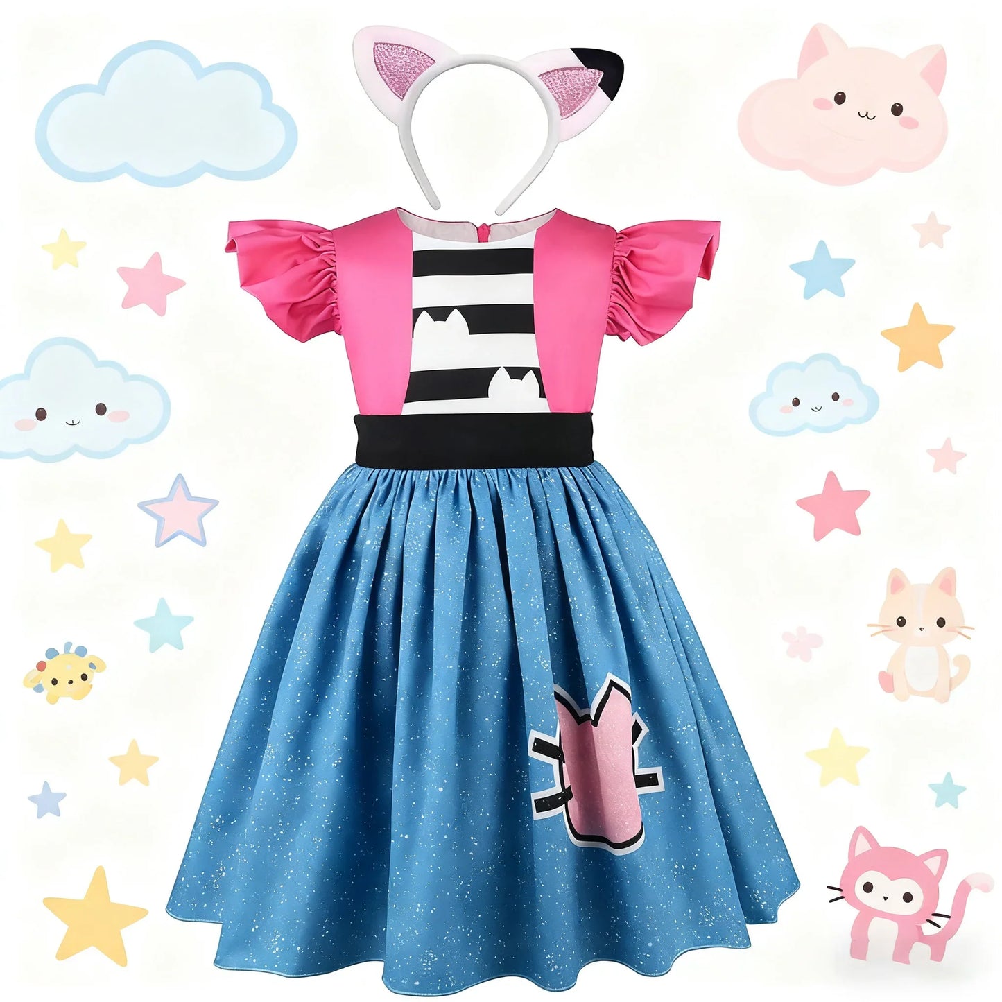 2026 cartoon kids Clothes girls MagicalCat Dress Girls Cute Casual Dresses & Headband Children Kids Flying Sleeve Princess Dress