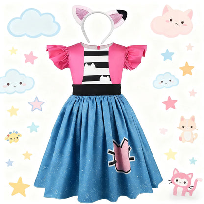 2026 cartoon kids Clothes girls MagicalCat Dress Girls Cute Casual Dresses & Headband Children Kids Flying Sleeve Princess Dress