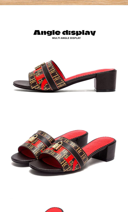 Woman Middle Heel Slippers Luxury Brand Women's Shoes Retro Design 2025 Summer New
