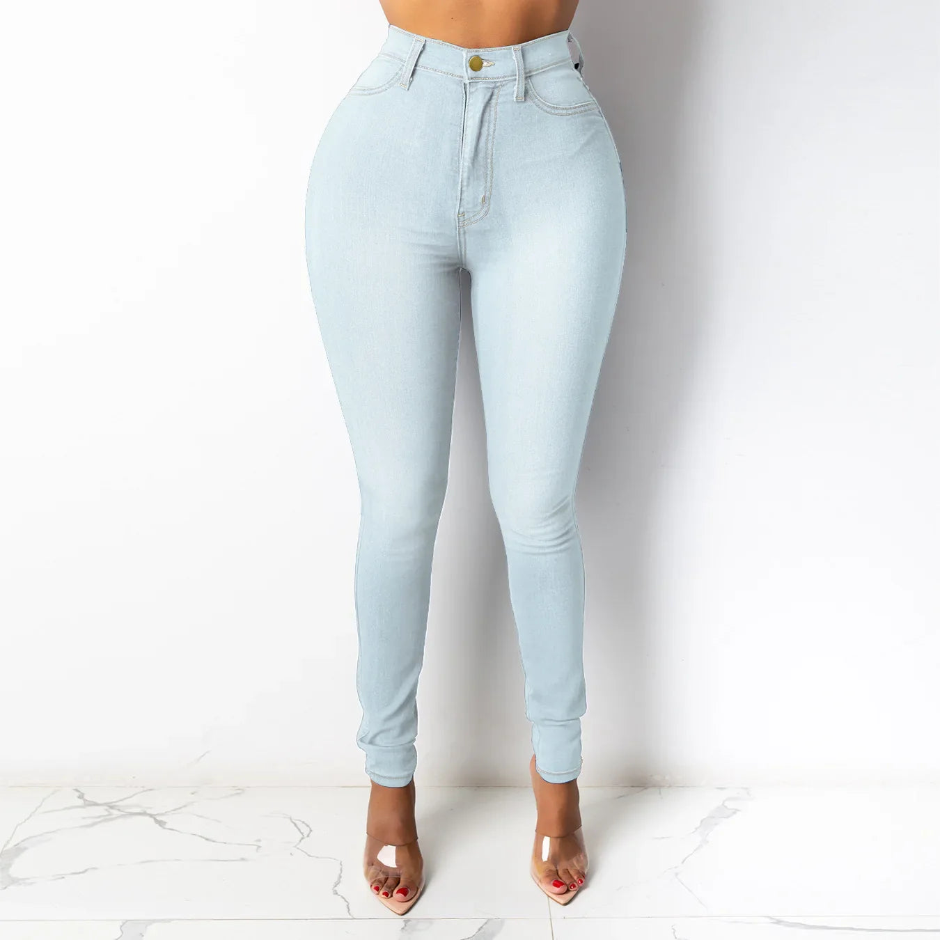 Skinny Pencil Jeans for Women High Waisted Casual Elegant Office Denim Pants Blue White Black Elastic Jeans Woman