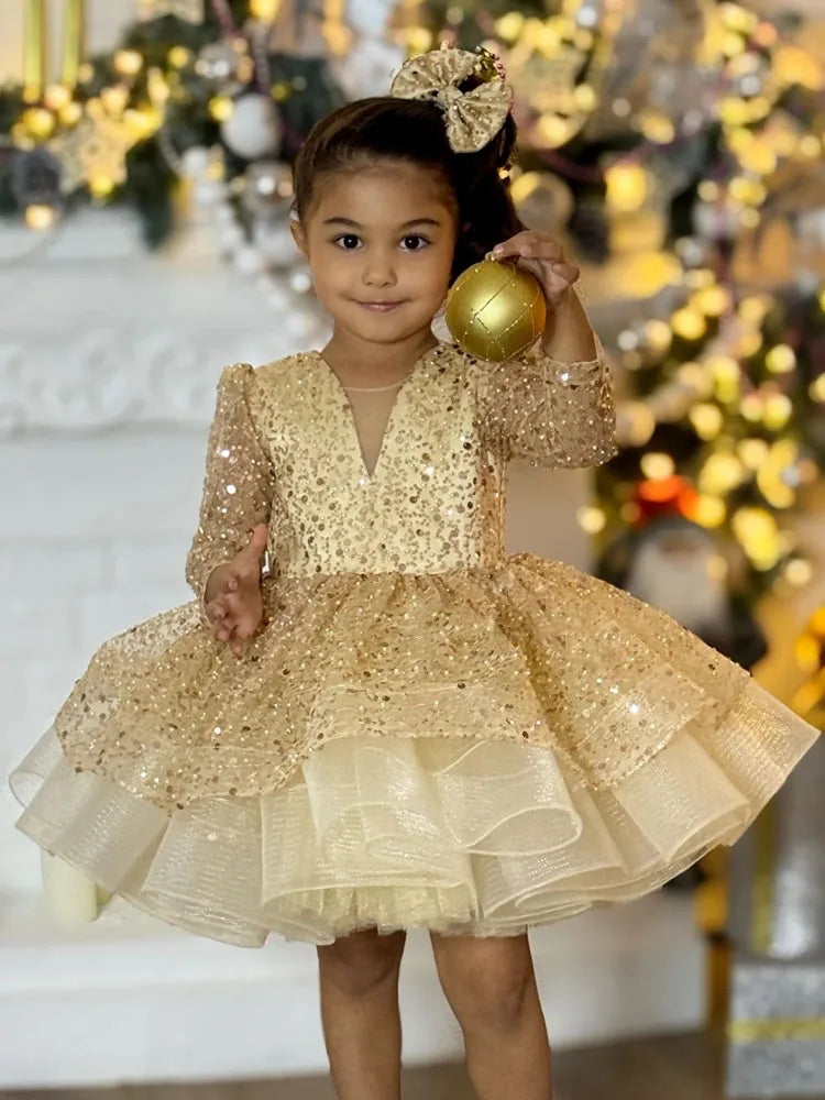 Customized Flower Girl Dresses White Tulle Puffy Tiered Sequin Long Sleeve For Wedding Birthday Party Banquet Princess Gowns