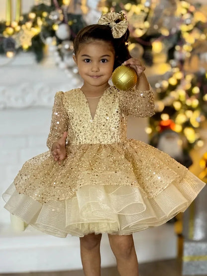 Customized Flower Girl Dresses White Tulle Puffy Tiered Sequin Long Sleeve For Wedding Birthday Party Banquet Princess Gowns