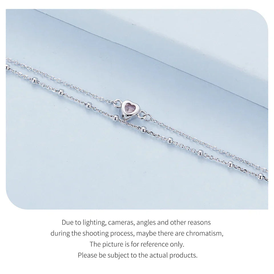 925 Sterling Silver Double Layer Bracelet Pink Heart Adjustable Round Beads Chain Link for Women Valentine's Day Gift