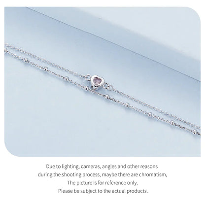 925 Sterling Silver Double Layer Bracelet Pink Heart Adjustable Round Beads Chain Link for Women Valentine's Day Gift