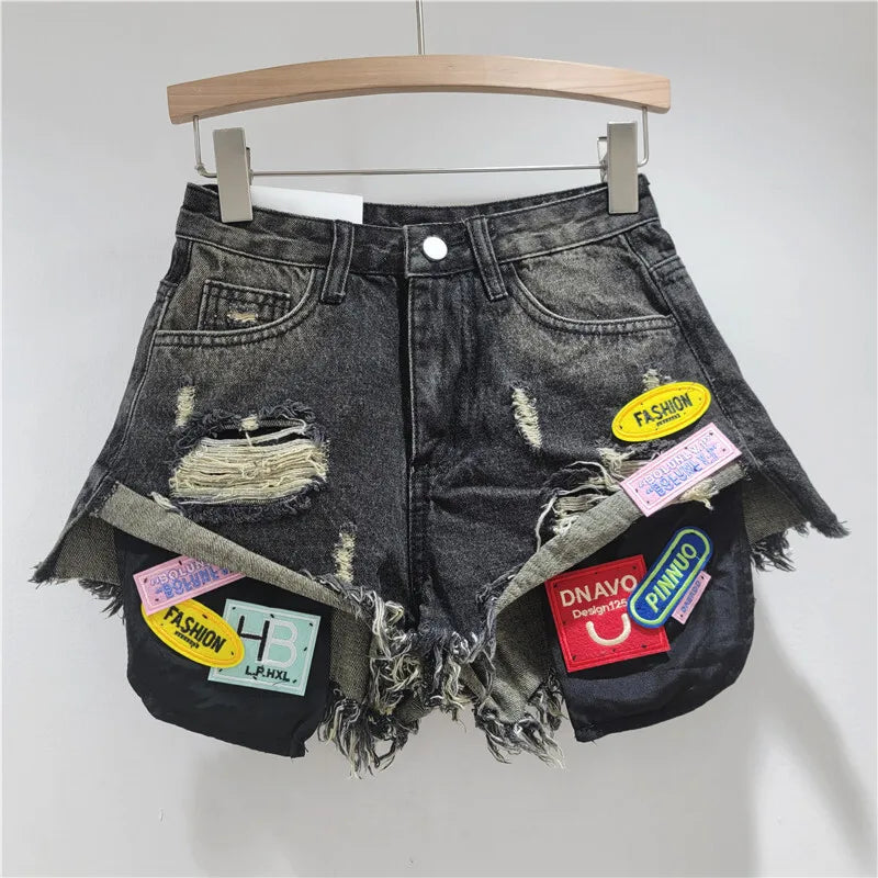 New Trendy Women's Spliced Hole Burr Edge Denim Shorts 2025 Summer Fashion High Waist A-line Short Pants Female 1LS2103