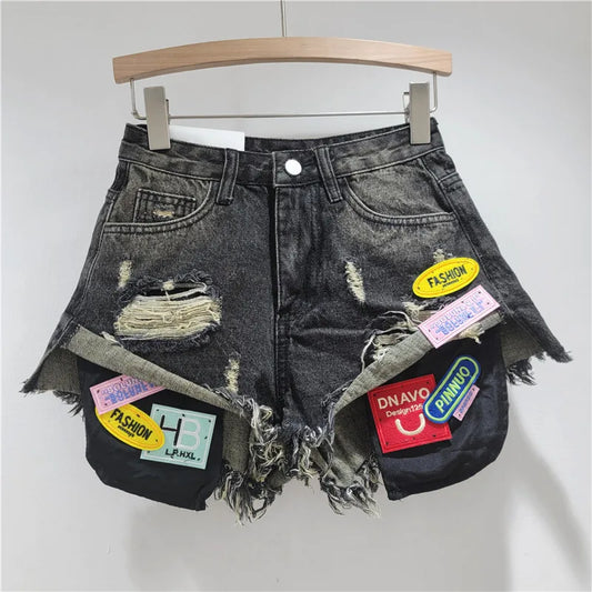 New Trendy Women's Spliced Hole Burr Edge Denim Shorts 2025 Summer Fashion High Waist A-line Short Pants Female 1LS2103
